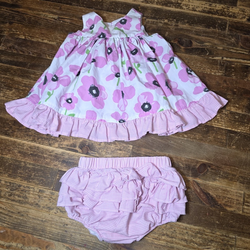 Kelly's Kids 6 Mo, 2 Piece Dress Floral Pink Ruffle Bloomers Wrap Dress w Tie